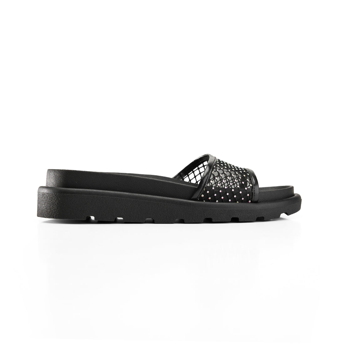 Mesh Wide Strap Platform Slipper - black