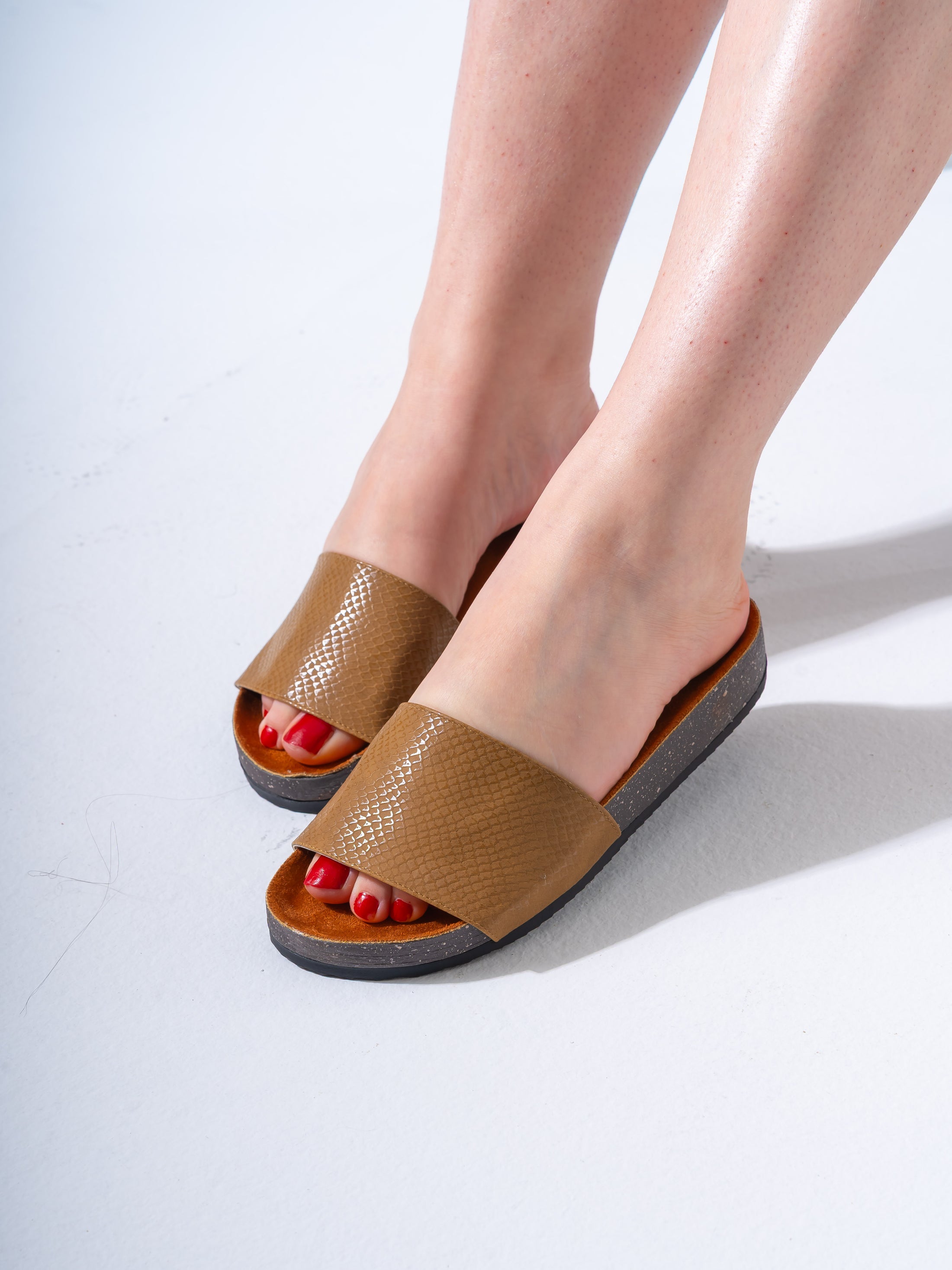 Chic Scaled Open-Toe Mules - CAFE