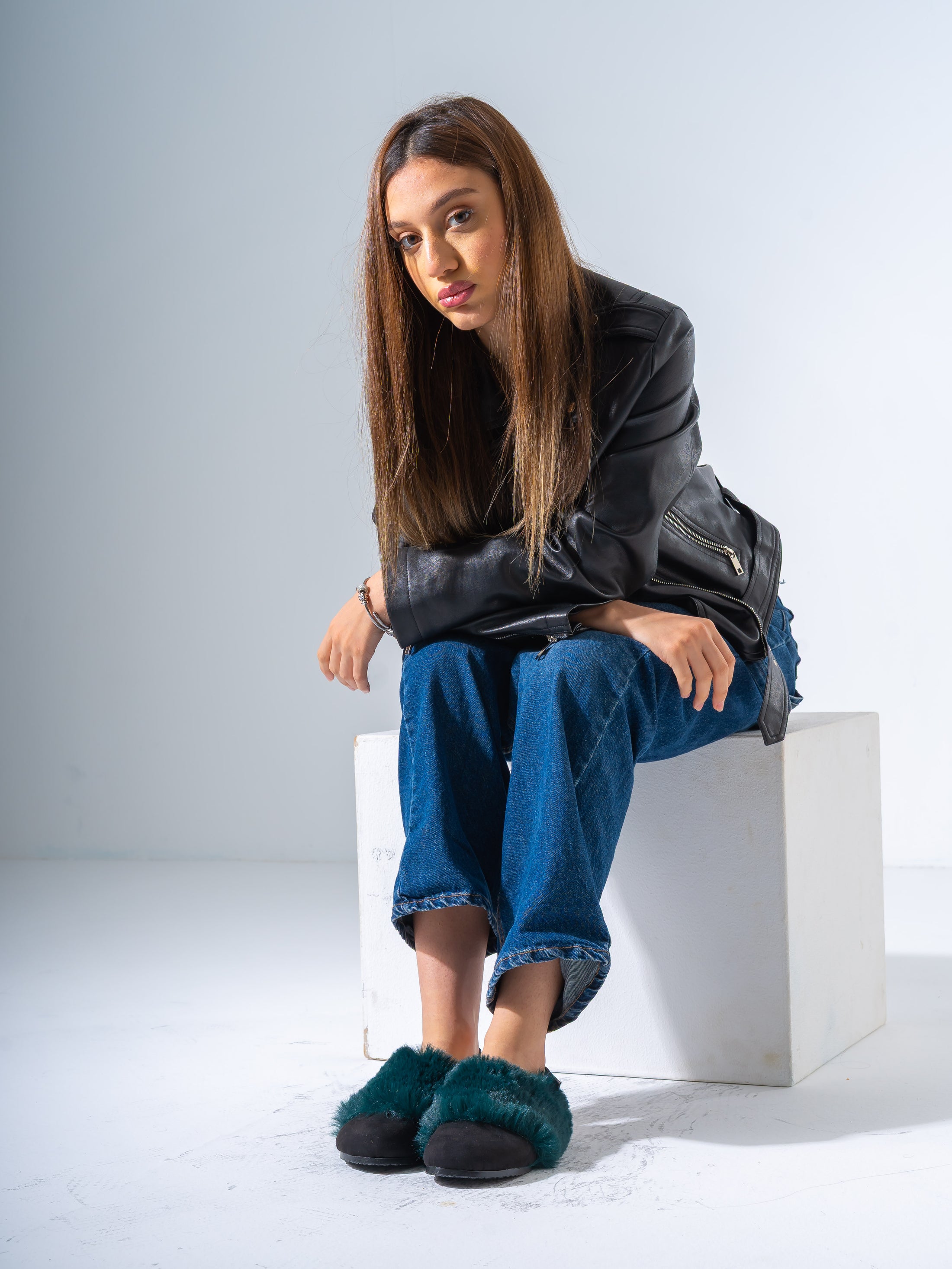 Suede Fur-Trimmed Clogs - Dark Teal