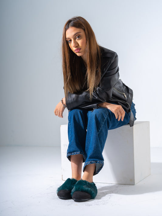 Suede Fur-Trimmed Clogs - Dark Teal