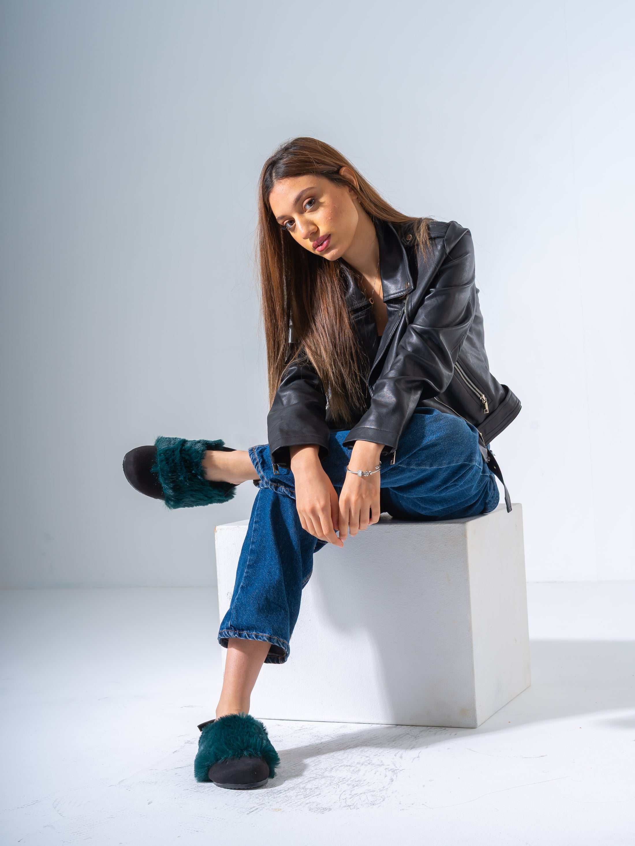 Suede Fur-Trimmed Clogs - Dark Teal
