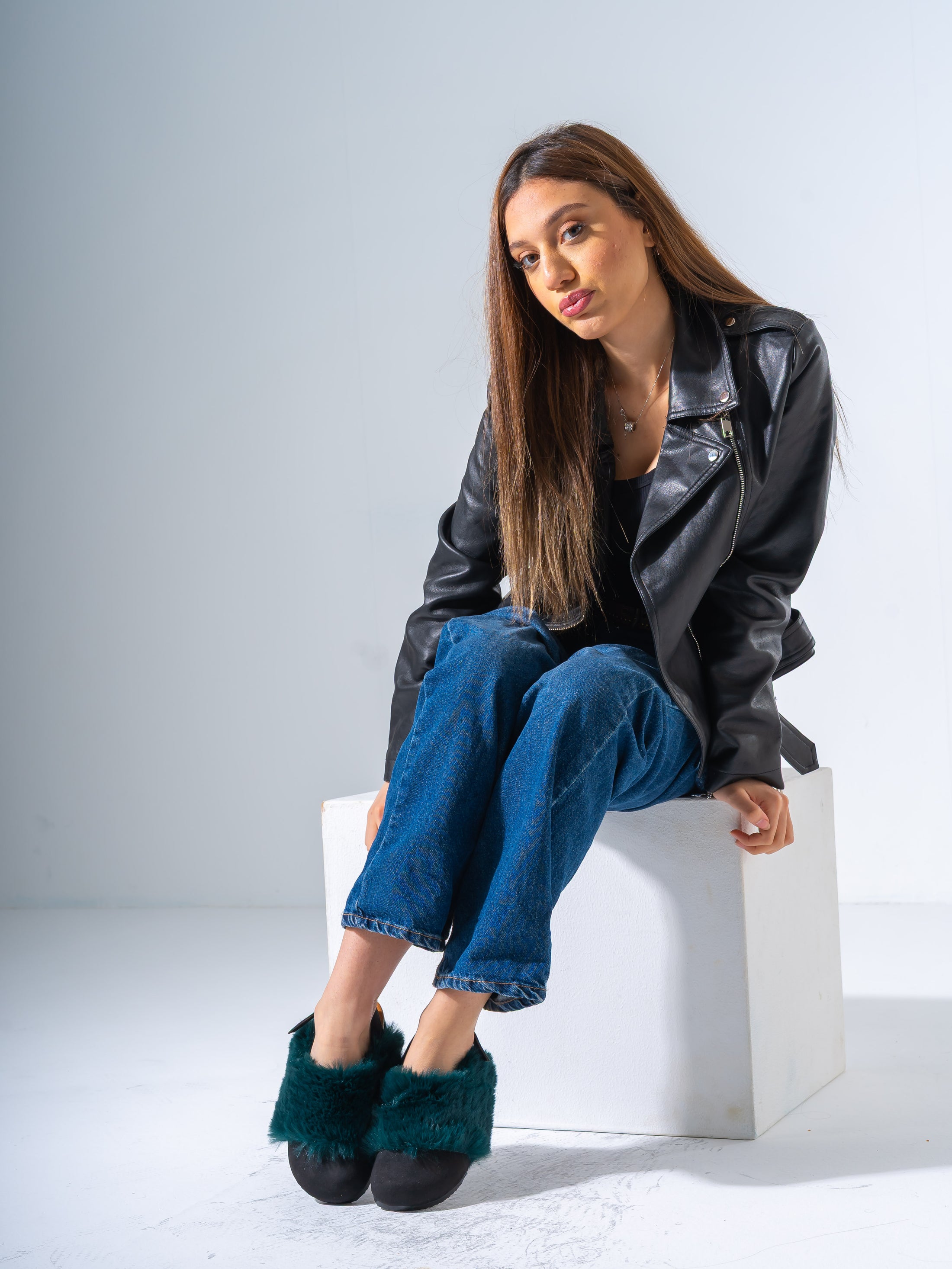 Suede Fur-Trimmed Clogs - Dark Teal