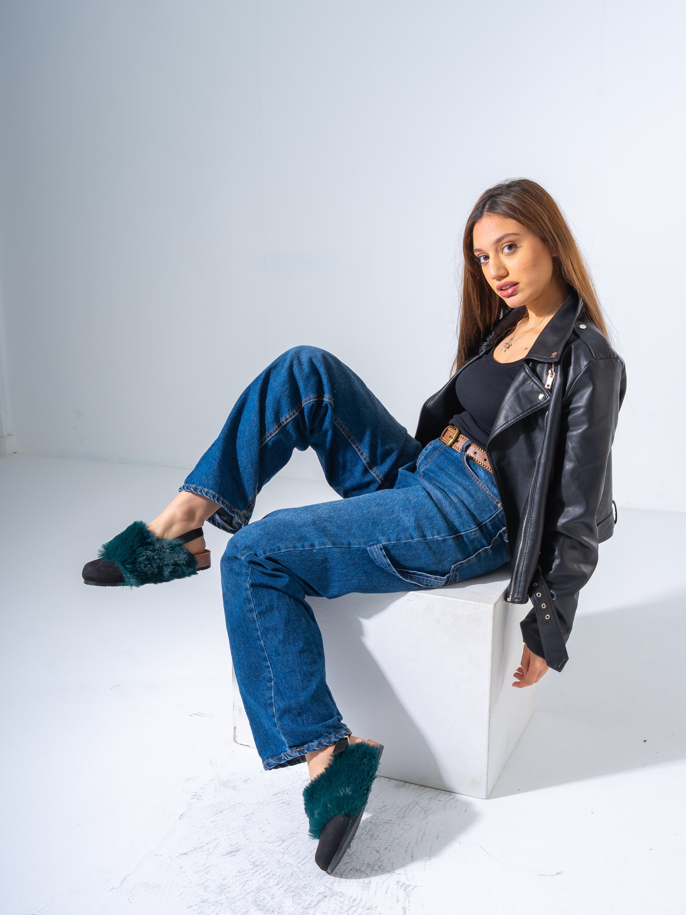Suede Fur-Trimmed Clogs - Dark Teal