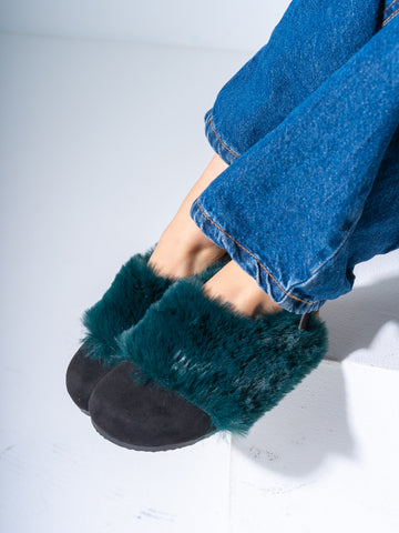 Suede Fur-Trimmed Clogs - Dark Teal
