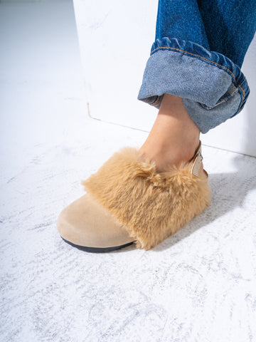 Suede Fur-Trimmed Clogs - BEIGE