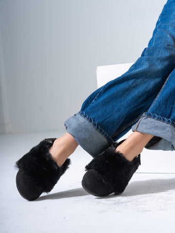 Suede Fur-Trimmed Clogs - BLACK
