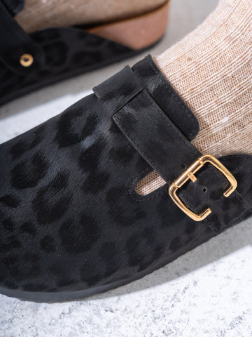 Animal Print Faux-Suede Buckle Clogs - BLACK