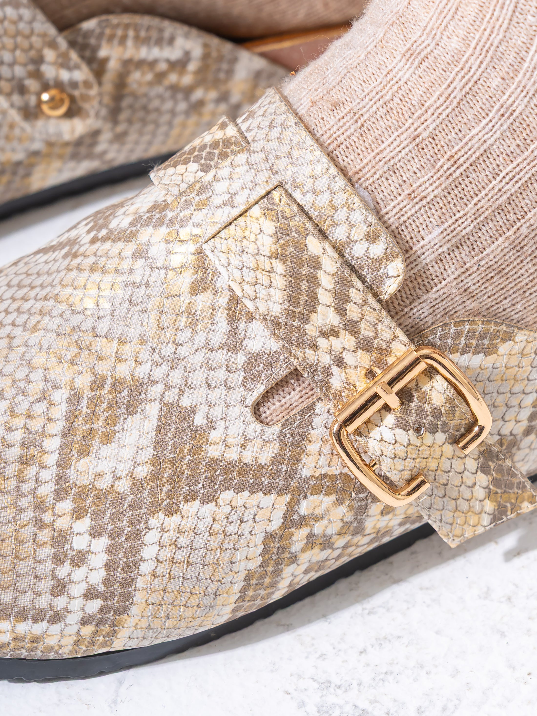 Textured Animal Print Cork-Sole Clogs- CAFE