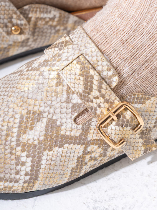 Textured Animal Print Cork-Sole Clogs- CAFE