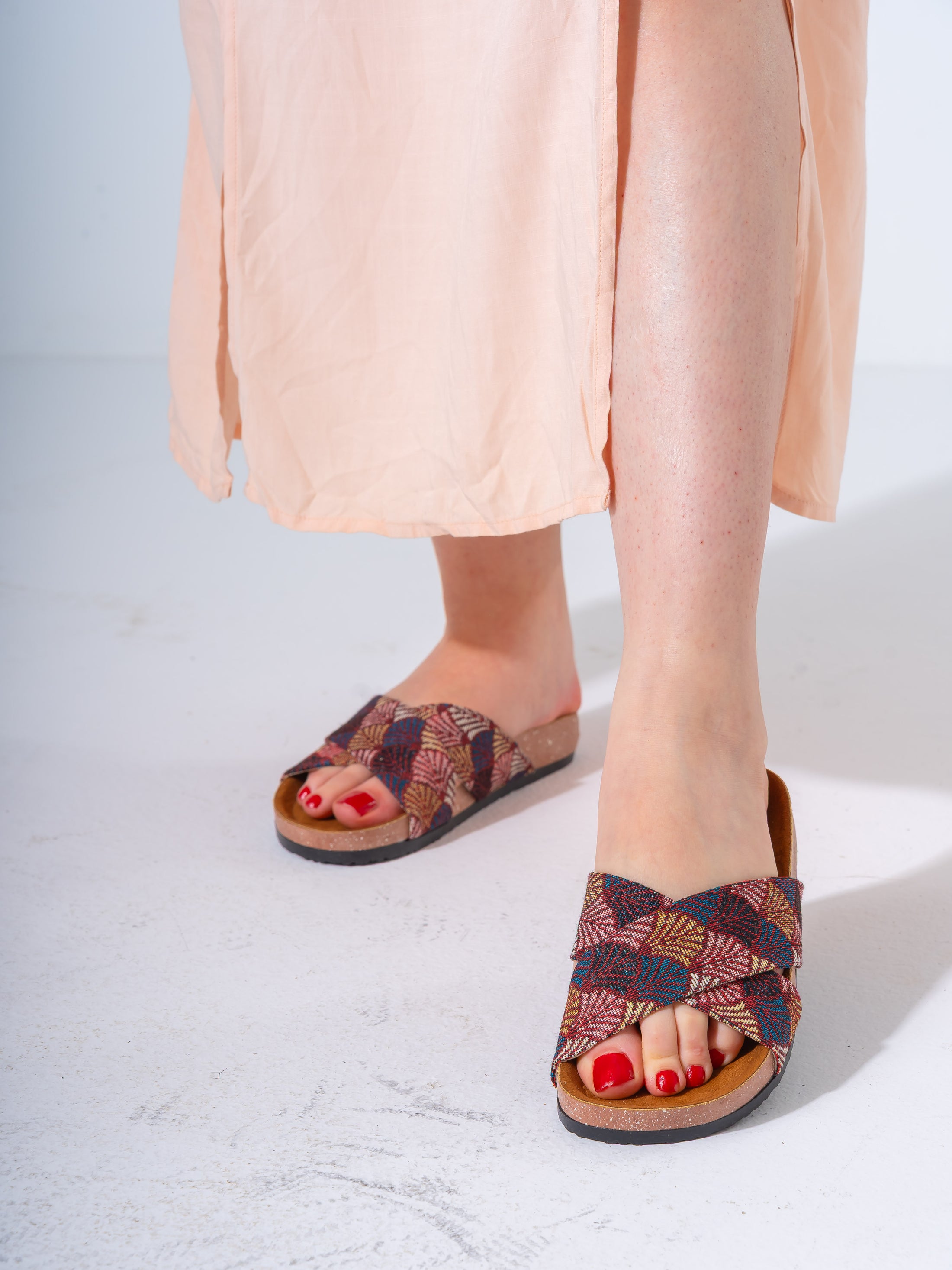 Ethnic Patterned Cross-Strap Slides - MARRON