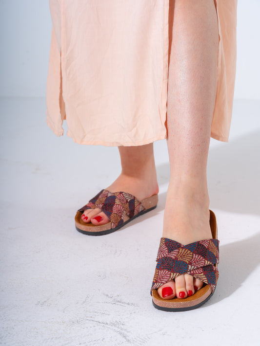 Ethnic Patterned Cross-Strap Slides - MARRON