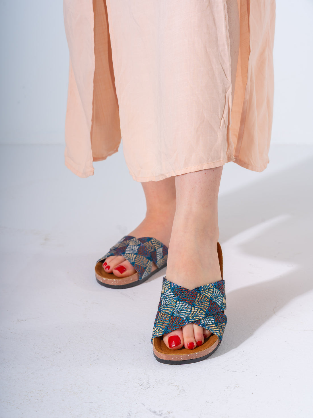 Ethnic Patterned Cross-Strap Slides - DARK BLUE