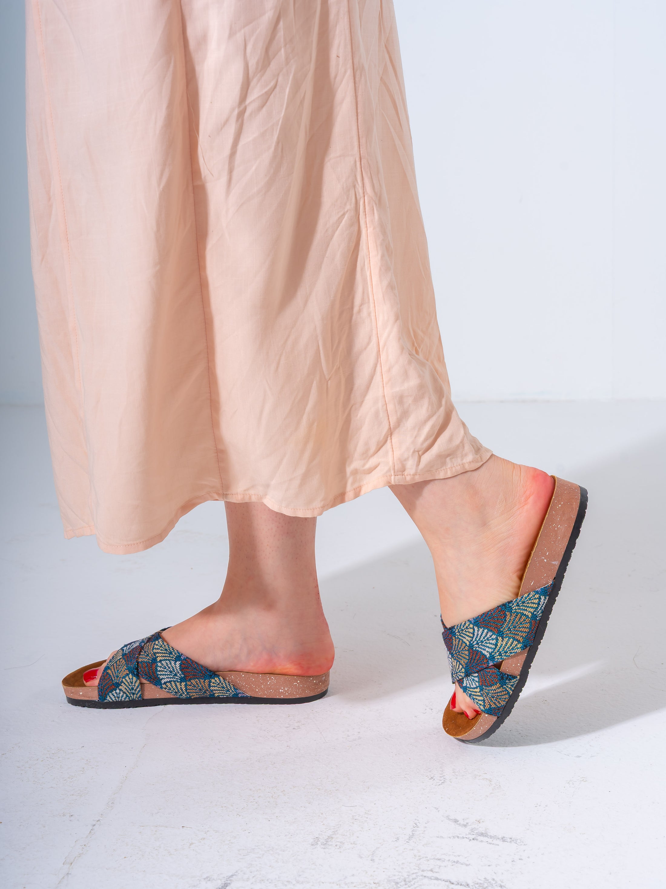 Ethnic Patterned Cross-Strap Slides - DARK BLUE