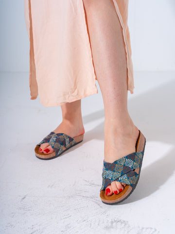 Ethnic Patterned Cross-Strap Slides - DARK BLUE