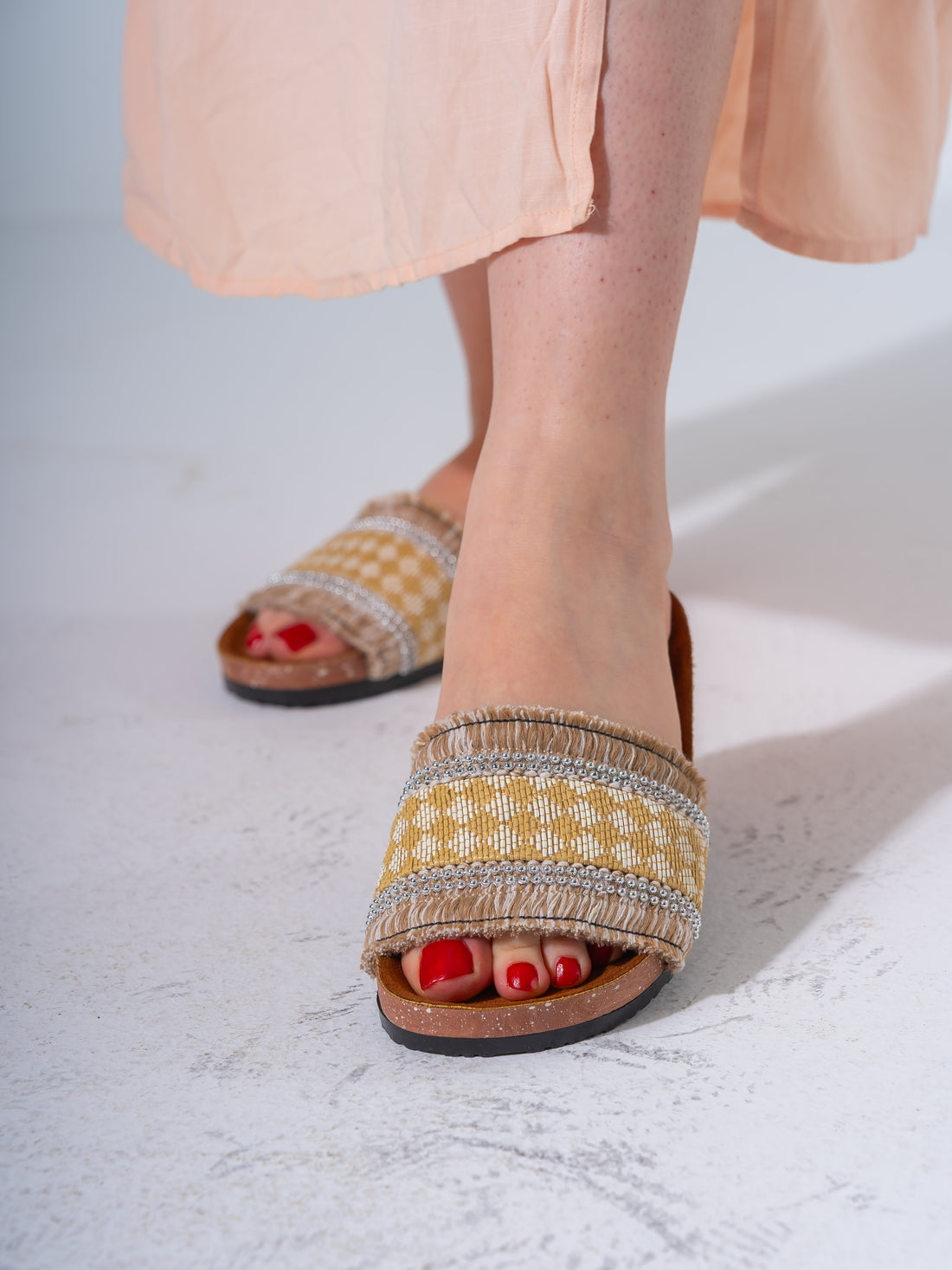 Beaded Ethnic Fabric Slipper - BEIGE
