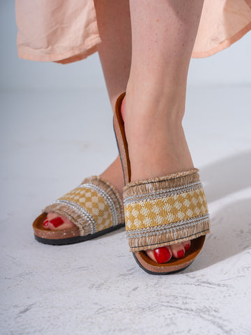 Beaded Ethnic Fabric Slipper - BEIGE