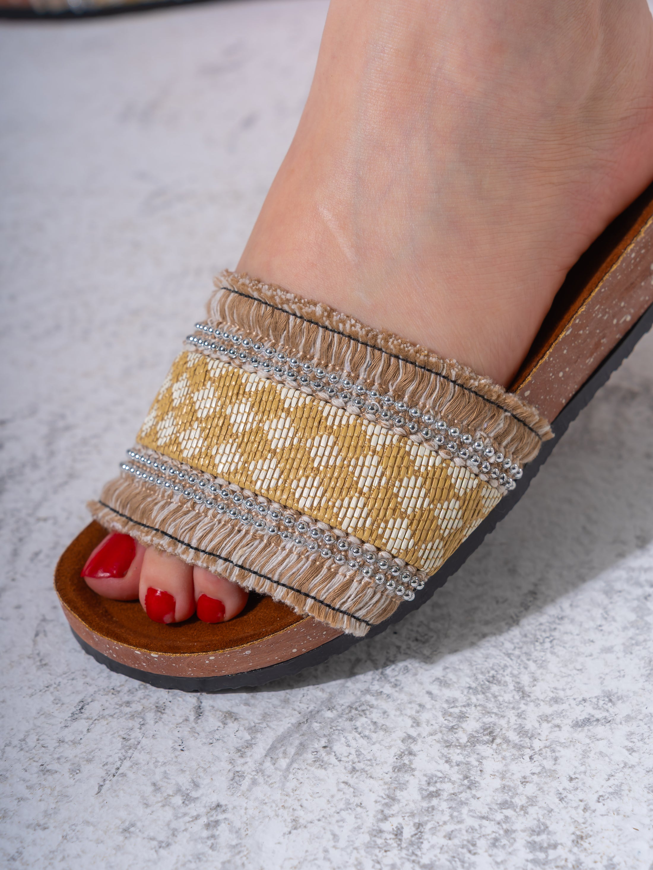 Beaded Ethnic Fabric Slipper - BEIGE
