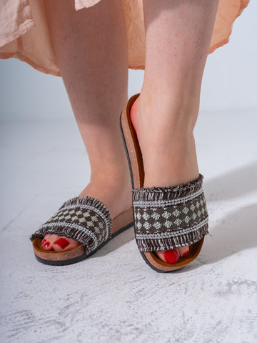 Beaded Ethnic Fabric Slipper - BROWN