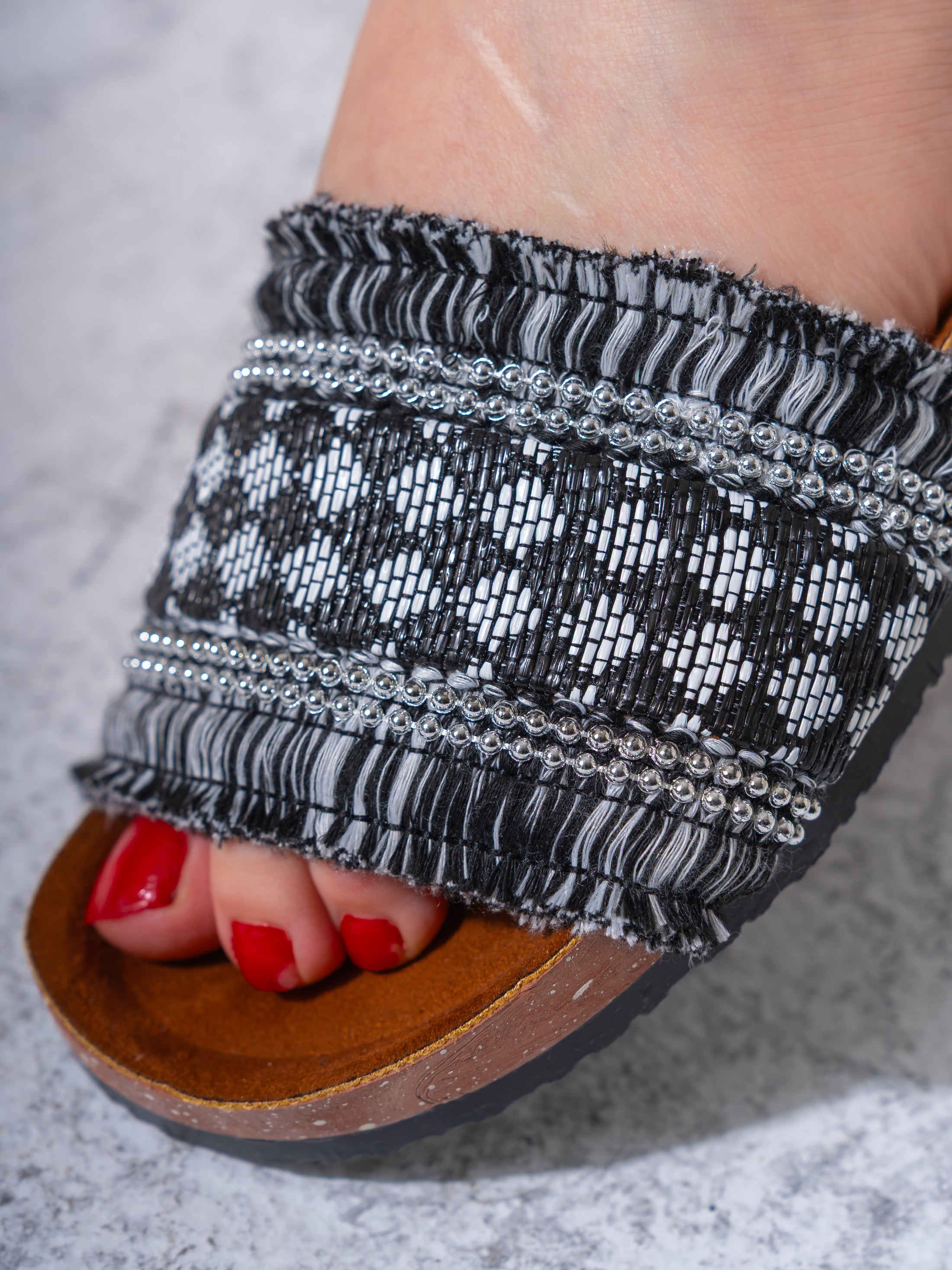 Beaded Ethnic Fabric Slipper - BLACK