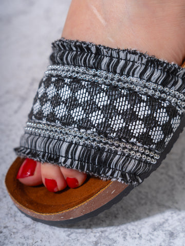 Beaded Ethnic Fabric Slipper - BLACK