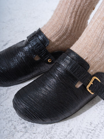 Metallic Ruched Slip-On Clogs - BLACK