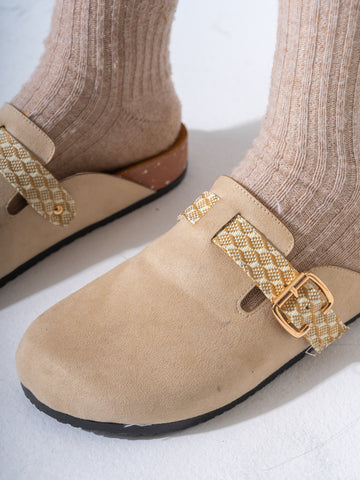Suede Geometric-Strap Clogs - BEIGE