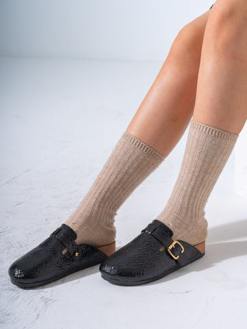 Textured Snake-Effect Buckle Clogs - BLACK