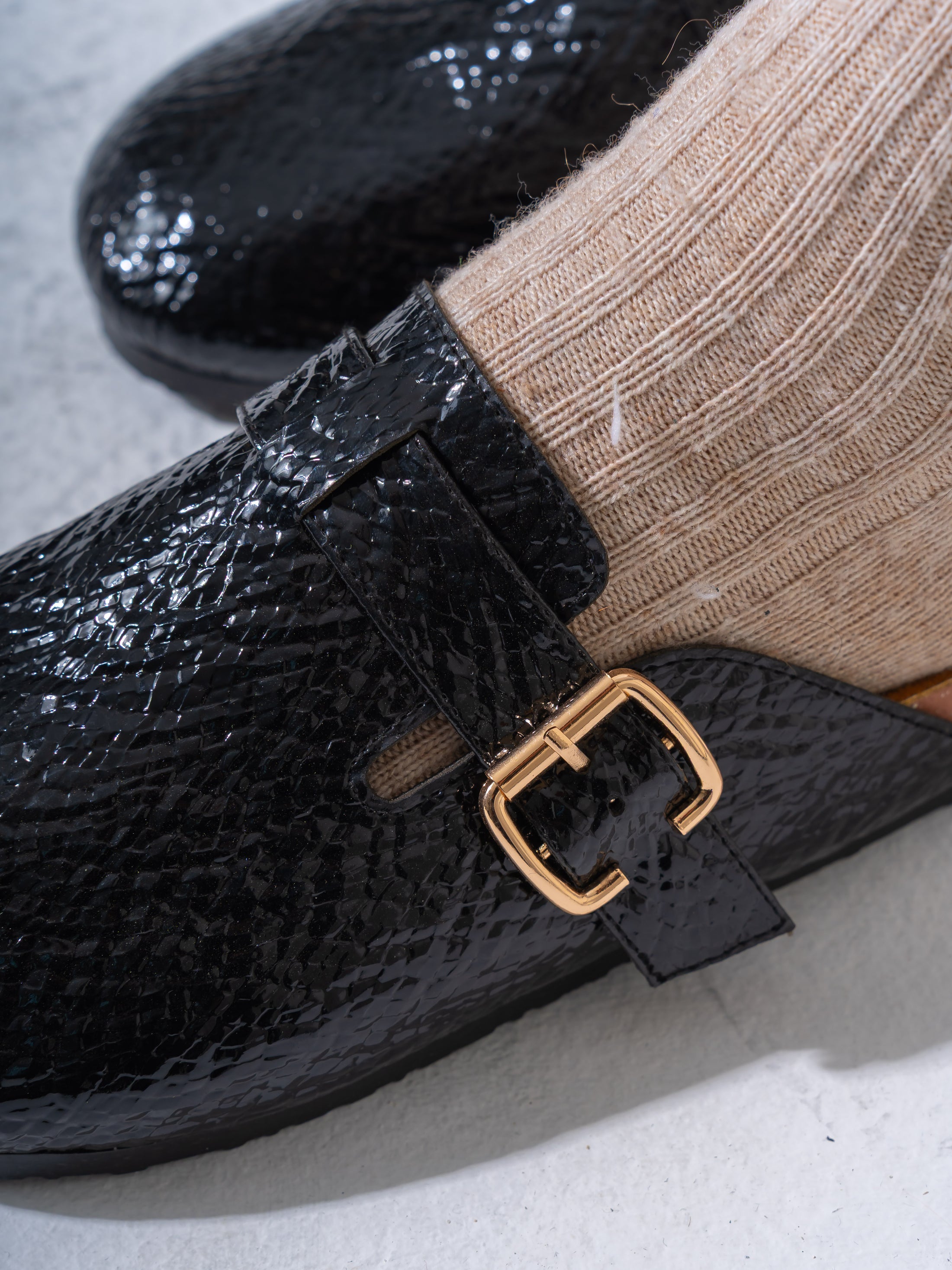 Textured Snake-Effect Buckle Clogs - BLACK