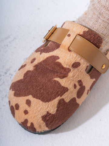 Faux Fur Cow Print Clogs - CAFE