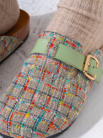 Textured Tweed Buckled Clogs - GREEN