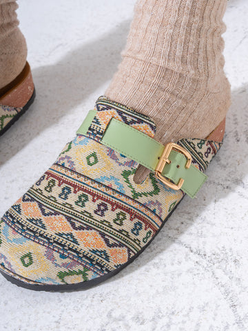 Bohemian Patterned Buckle Clogs - GREEN
