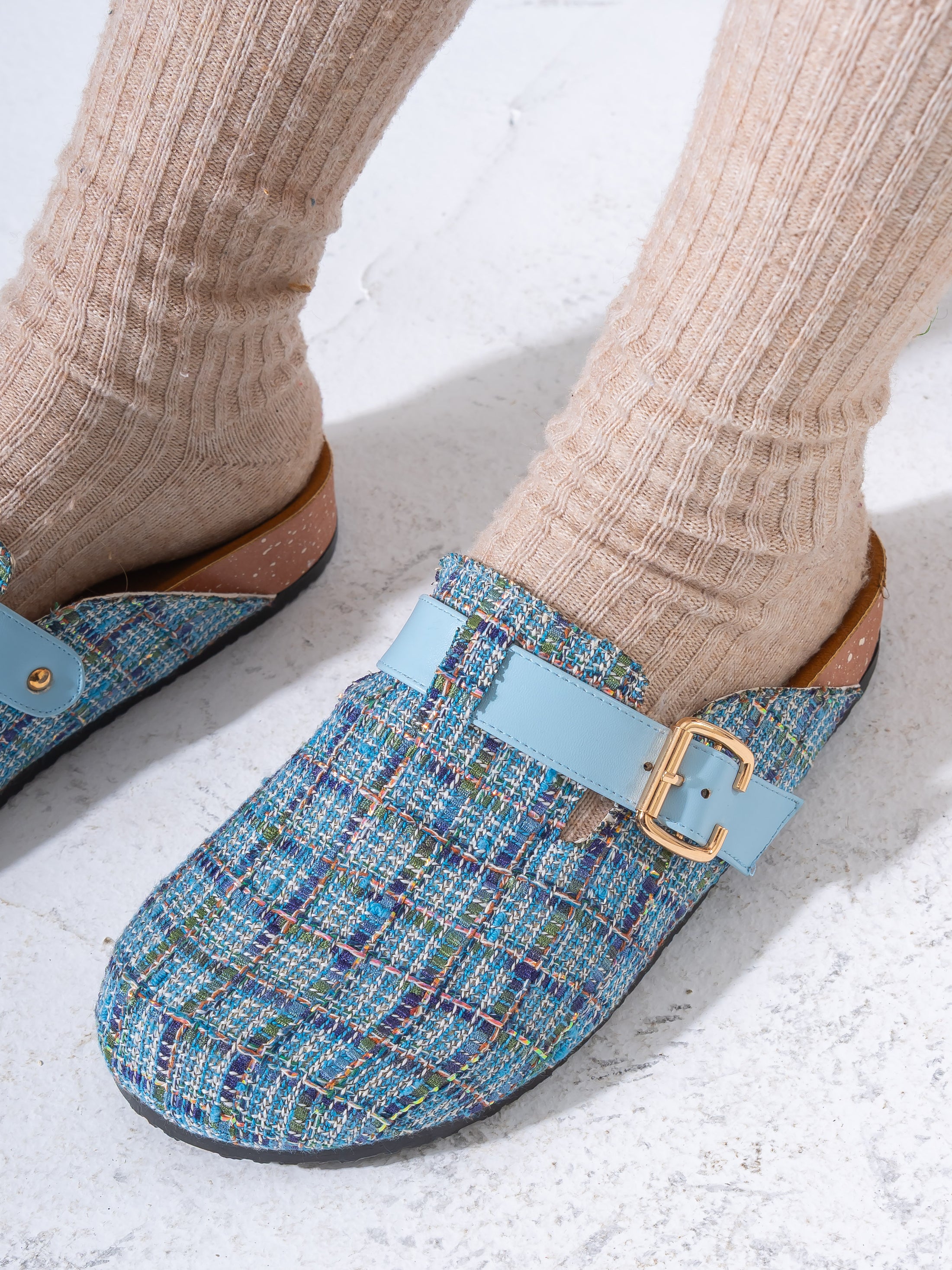 Textured Tweed Buckled Clogs - BLUE