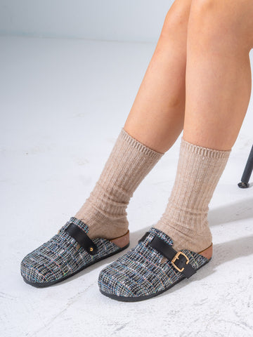 Textured Tweed Buckled Clogs - BLACK