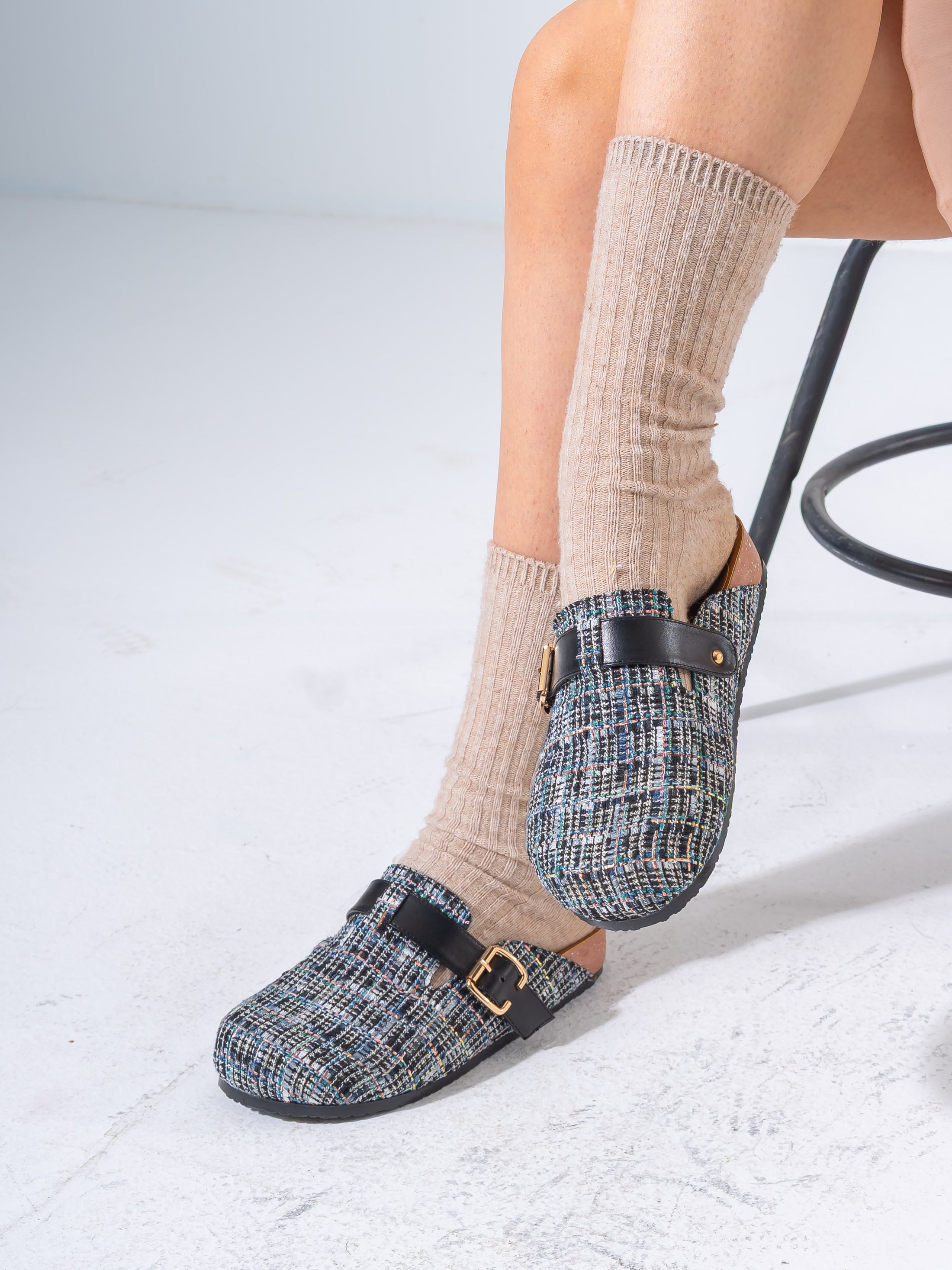 Textured Tweed Buckled Clogs - BLACK