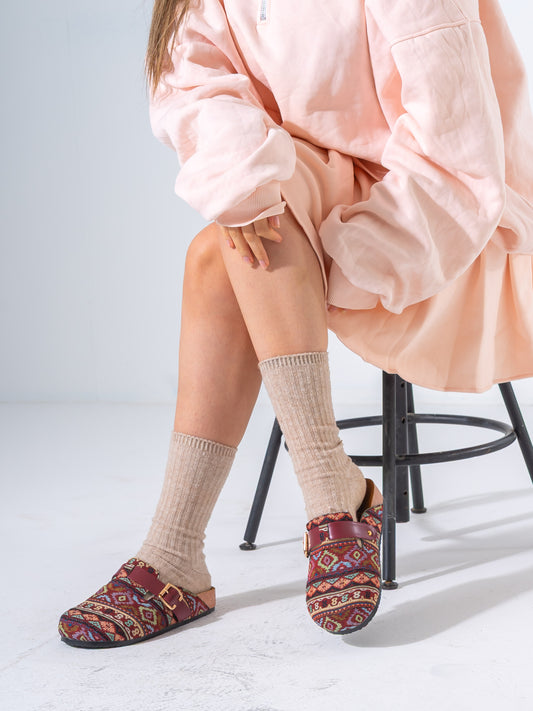 Bohemian Patterned Buckle Clogs - MARRON