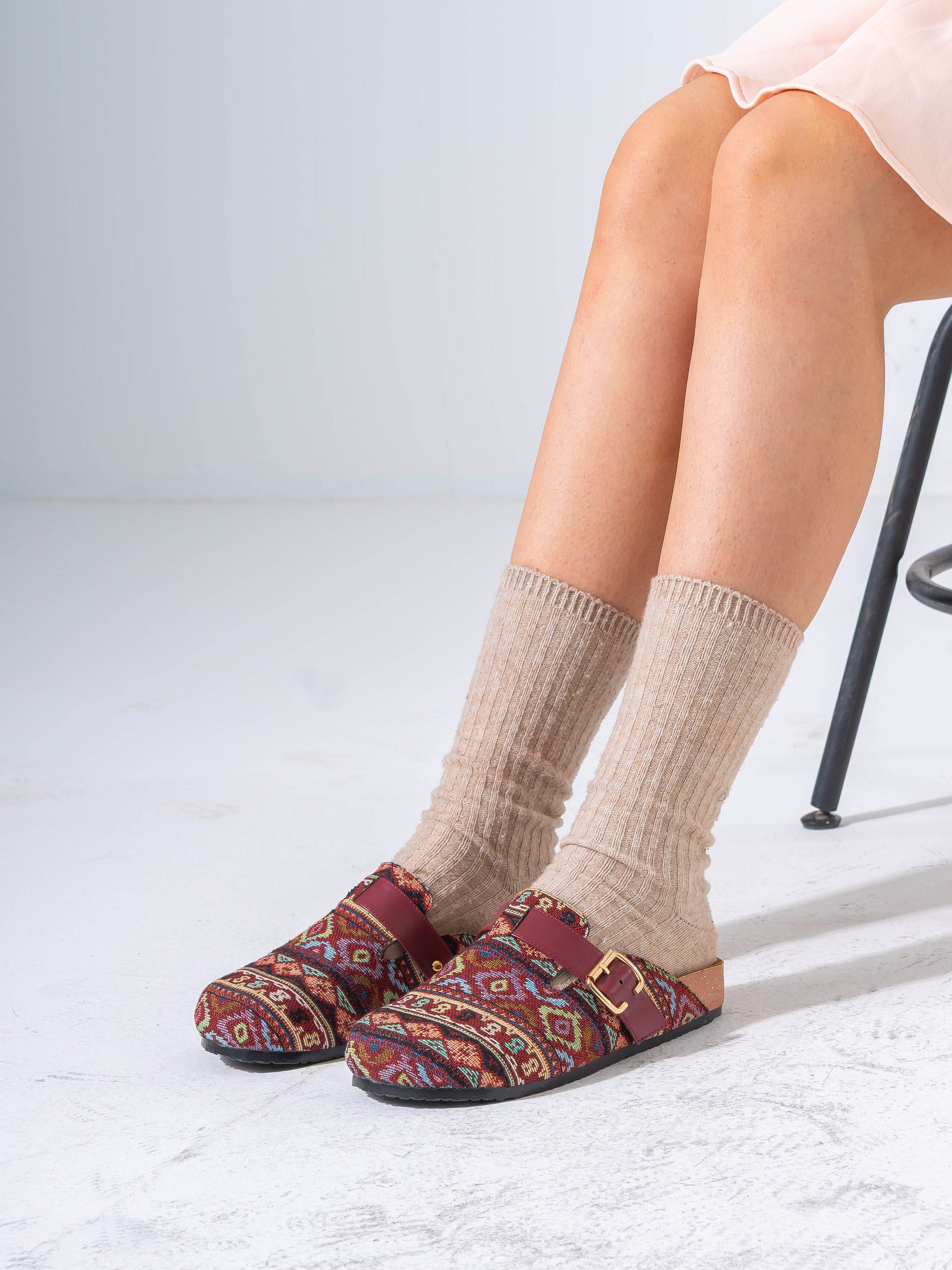 Bohemian Patterned Buckle Clogs - MARRON