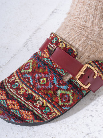 Bohemian Patterned Buckle Clogs - MARRON
