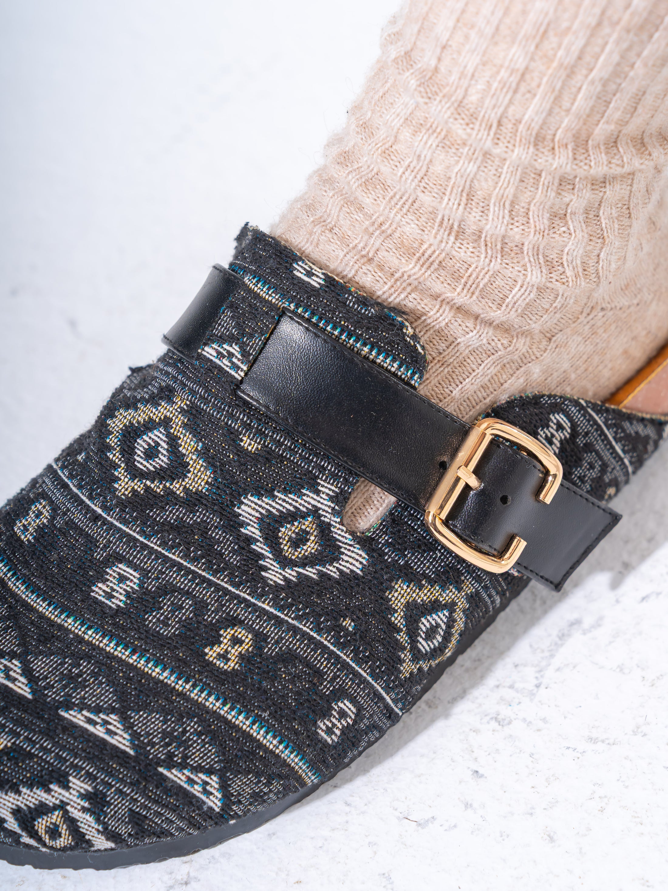 Bohemian Patterned Buckle Clogs - BLACK