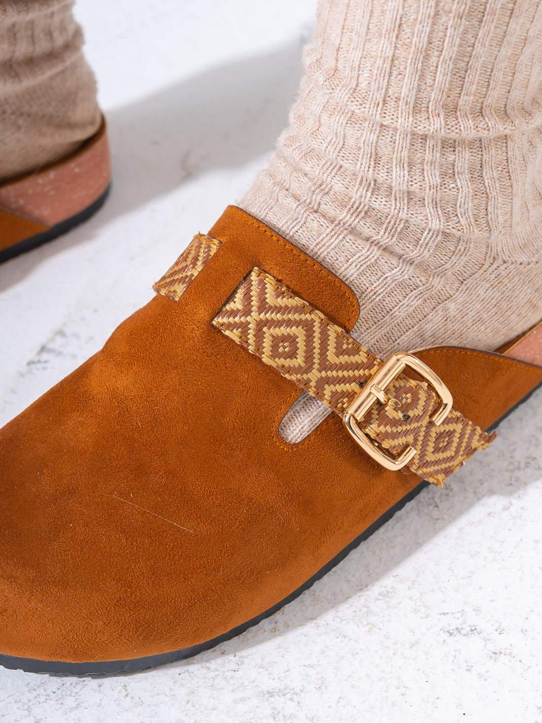 Suede Geometric-Strap Clogs - CAMEL