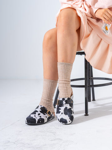 Faux Fur Cow Print Clogs - BLACK