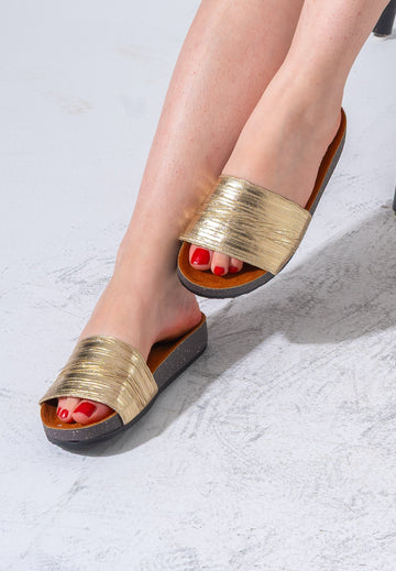 Metallic Ruched Comfort Slides - GOLD
