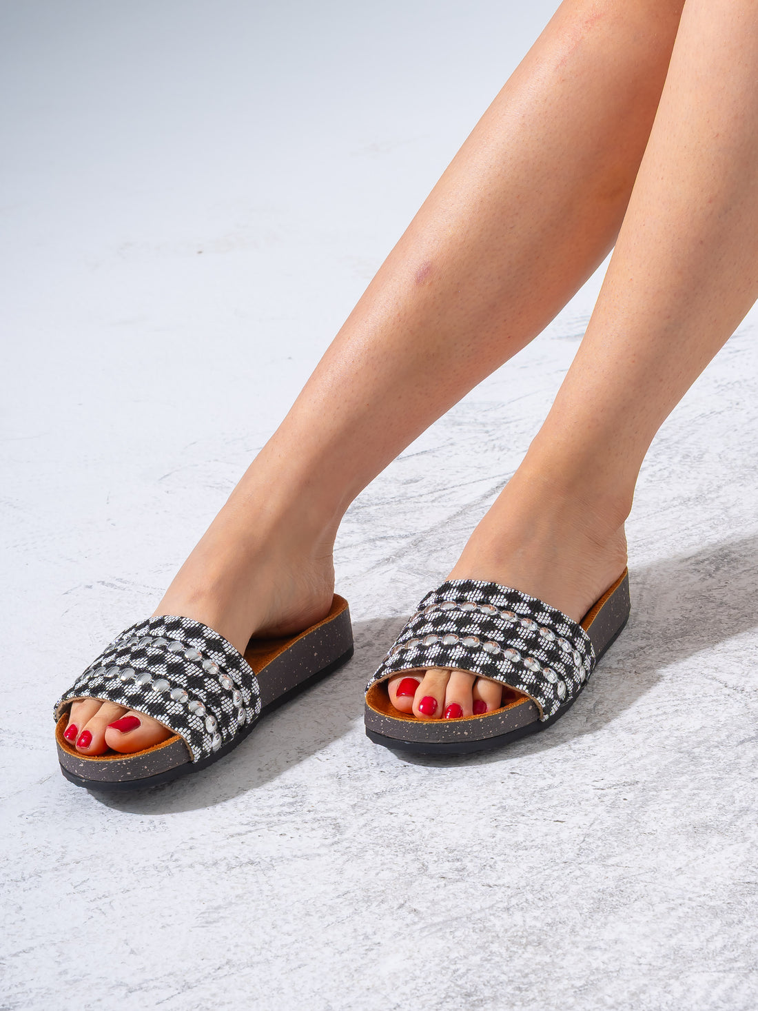 Studded Woven Strap Platform Slides - BLACK