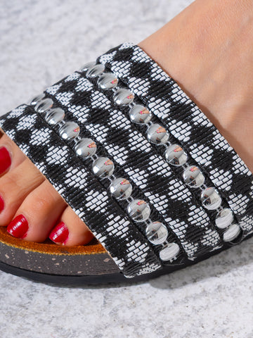 Studded Woven Strap Platform Slides - BLACK