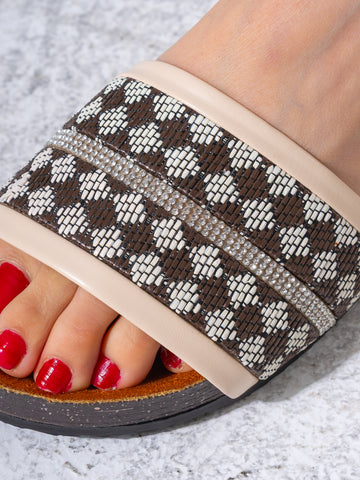 Rhinestone Strip Woven Slipper - BROWN