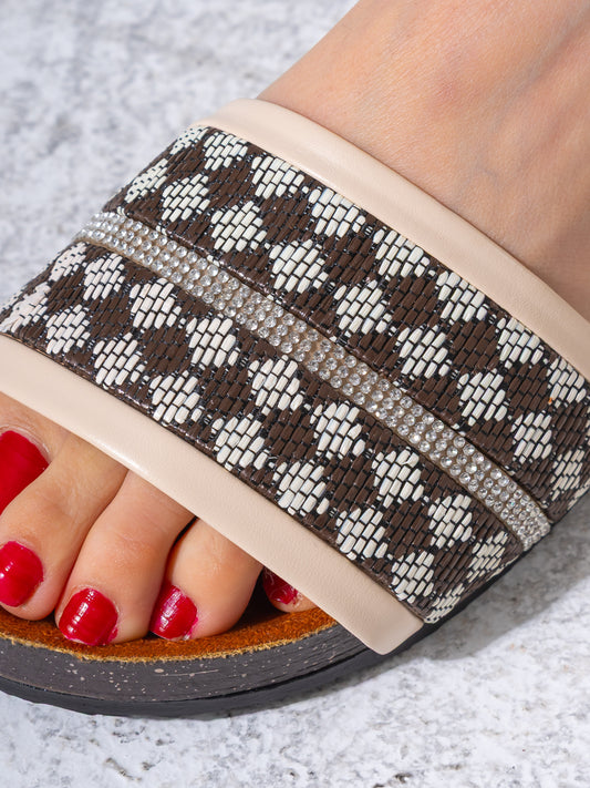Rhinestone Strip Woven Slipper - BROWN