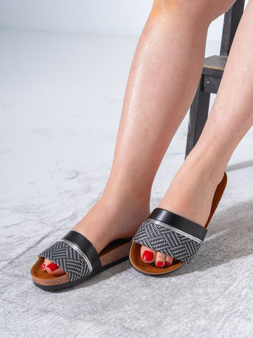 Textured Ethnic Motif Slippers - BLACK