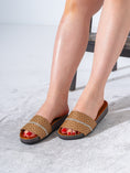 Load image into Gallery viewer, Geometric Pattern Slide Sandals with Rhinestone Detail - CAMEL
