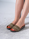 Load image into Gallery viewer, Geometric Pattern Slide Sandals with Rhinestone Detail - BLACK

