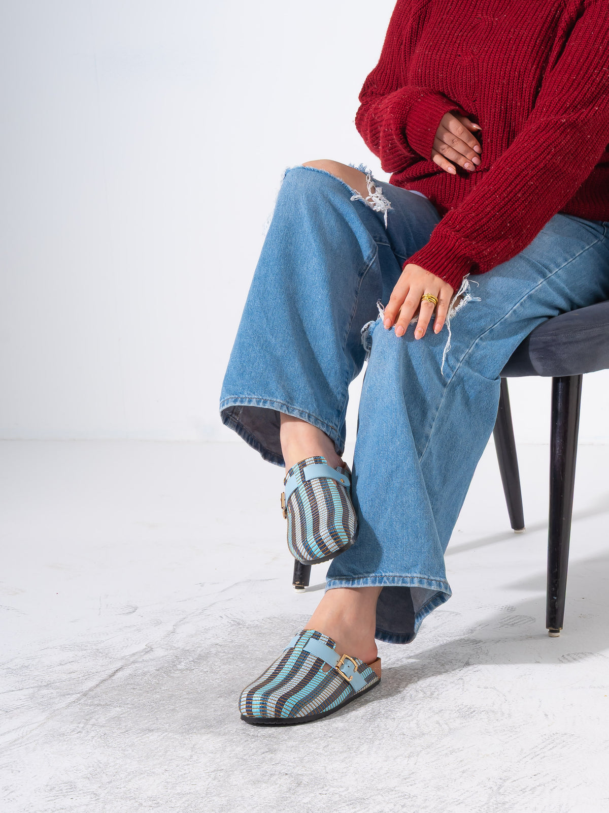 Striped Woven Fabric Buckle Clogs - BLUE