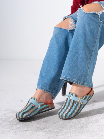 Striped Woven Fabric Buckle Clogs - BLUE